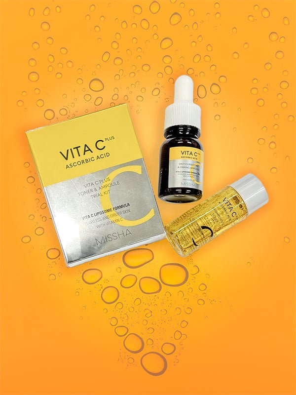 Missha Vita C Trial Kit by Lakinza, includes small bottles of vitamin C skincare products, displayed on a clean background.