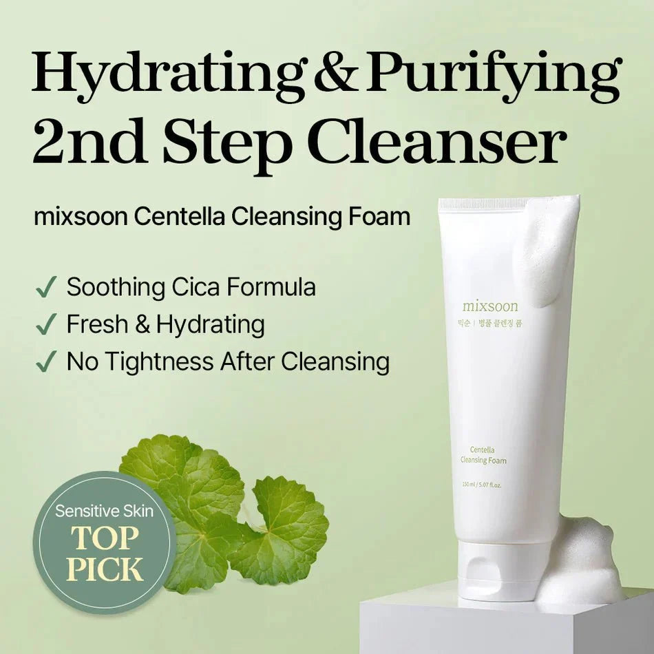 Mixsoon Centella Cleansing Foam in 150ml bottle, gentle K-beauty facial cleanser by Lakinza with natural centella extract.