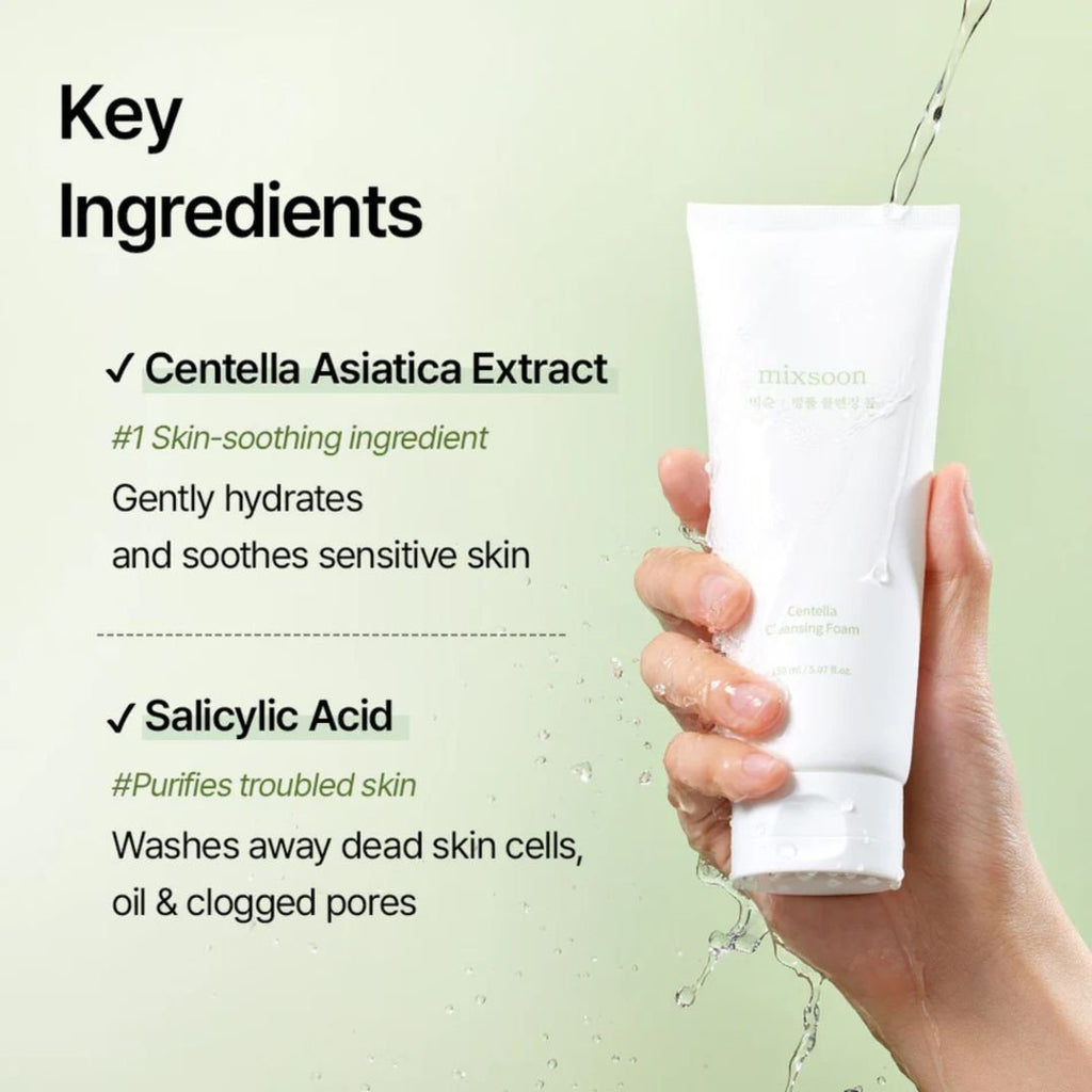Lakinza Mixsoon Centella Cleansing Foam 150ml in a white bottle with green accents, showcasing a gentle cleanser for sensitive skin.