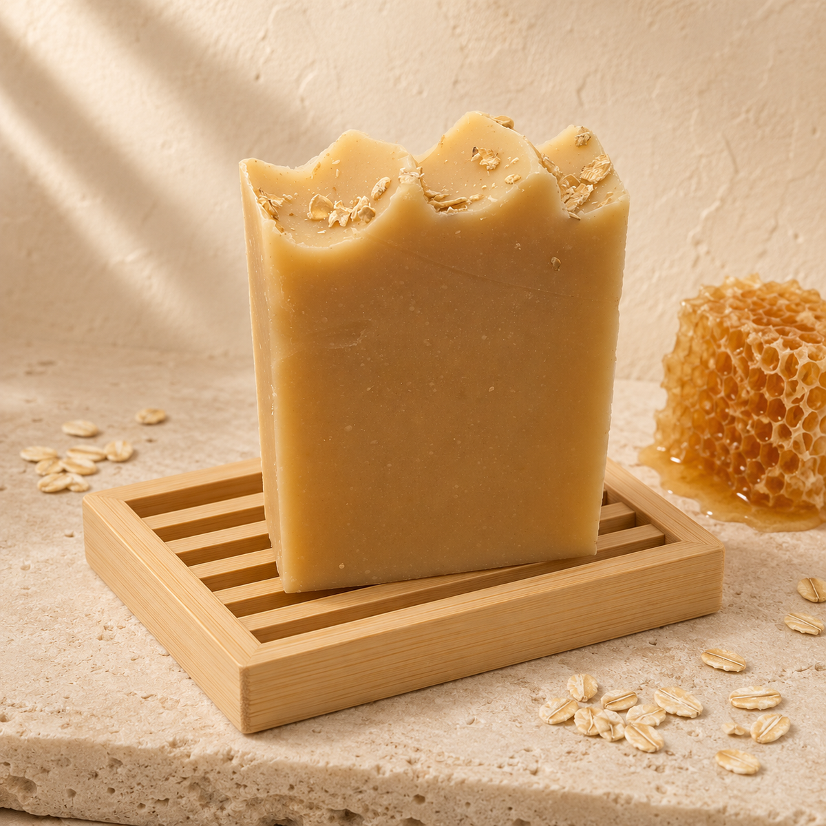 Oatmeal Milk and Honey soap bar by Pure Wash with a creamy, textured surface and natural ingredients.