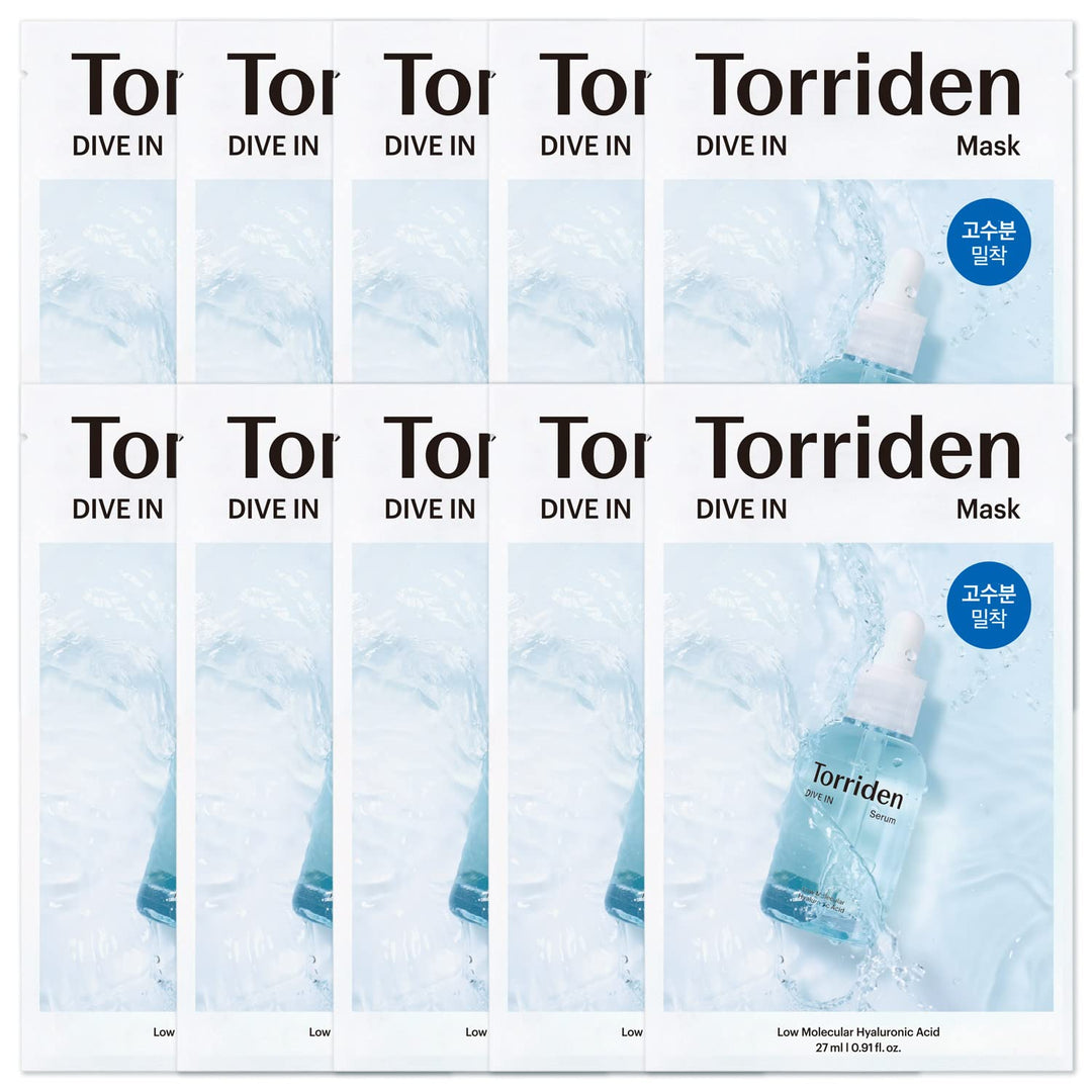 HYAKU Beauty & Living TORRIDEN Dive In Low Molecule Hyaluronic Acid Mask Pack with 10 facial sheet masks, ocean-themed packaging