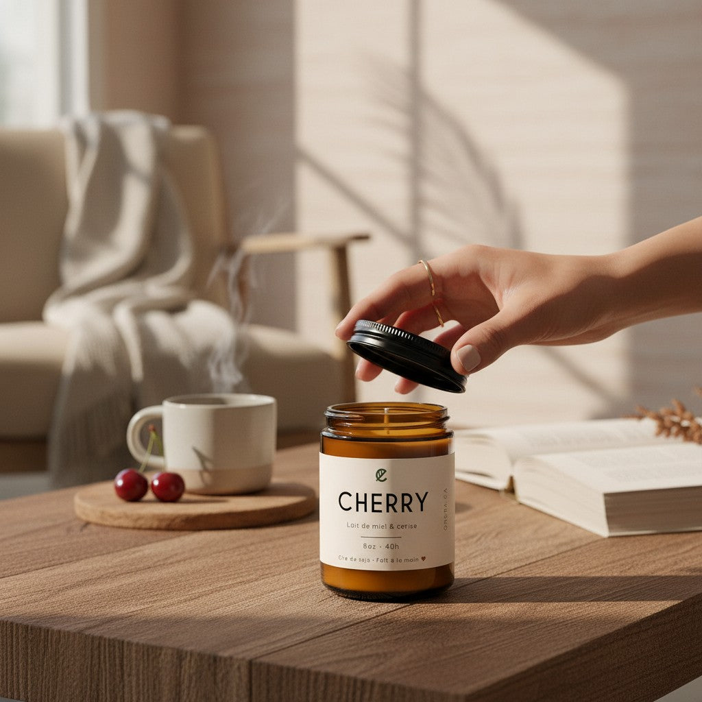 Soy wax candle with cherry and honey milk scent from La Sultana Savonnerie, featuring a natural, hand-poured design.