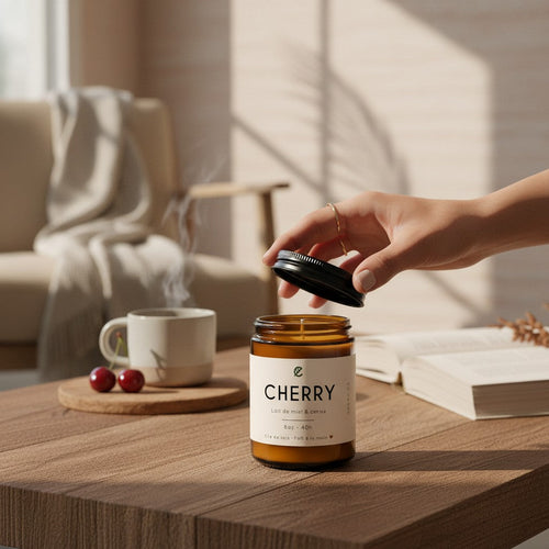 Soy wax candle with cherry and honey milk scent from La Sultana Savonnerie, featuring a natural, hand-poured design.