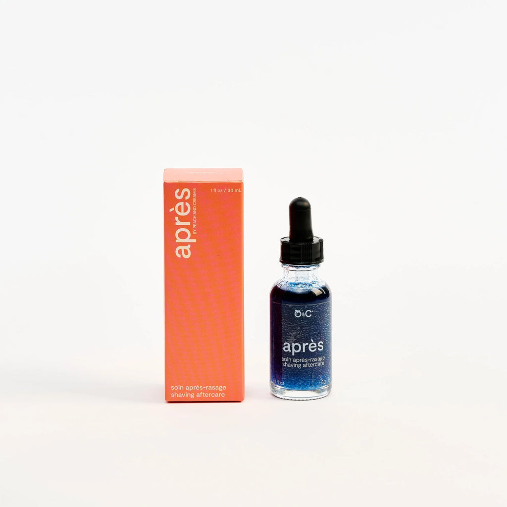 Peach and Cream ® after shave packaging for shaving aftercare, featuring a sleek design with product label and branding.