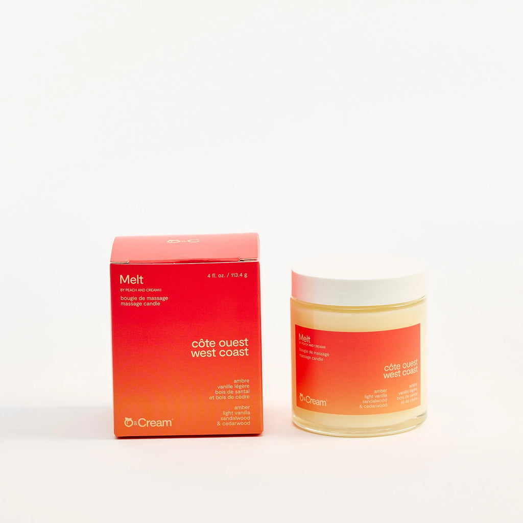 Peach and Cream® massage candle melt with a soft glow and warm wax, perfect for relaxing massage therapy sessions.