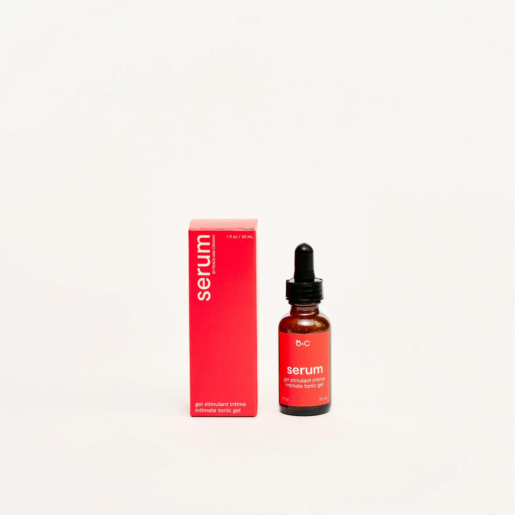 Peach and Cream arousal tonic serum in a sleek bottle, designed to enhance intimacy and sexual wellness.