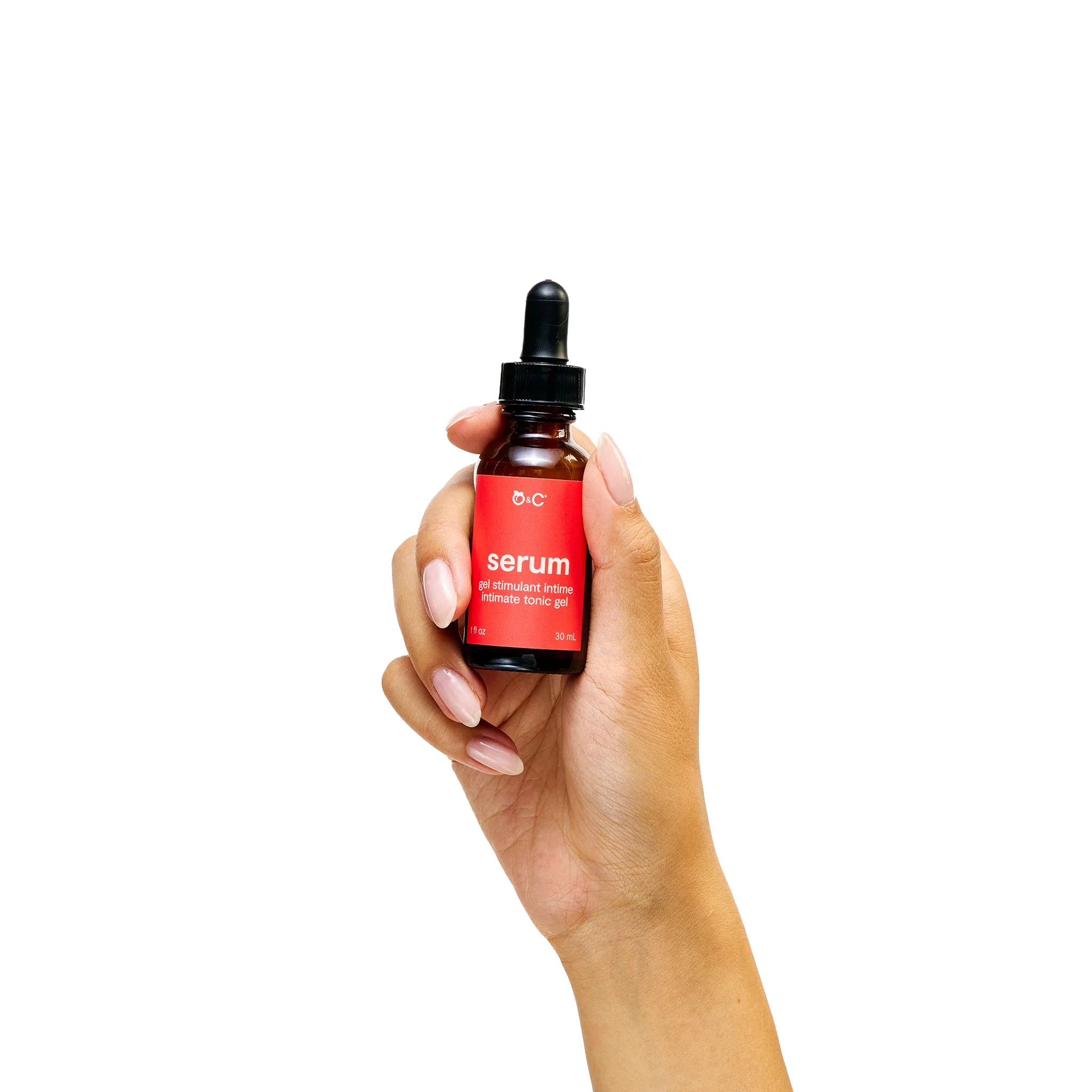 Peach and Cream arousal tonic serum in a sleek bottle, showing the clear gel formula and elegant packaging.