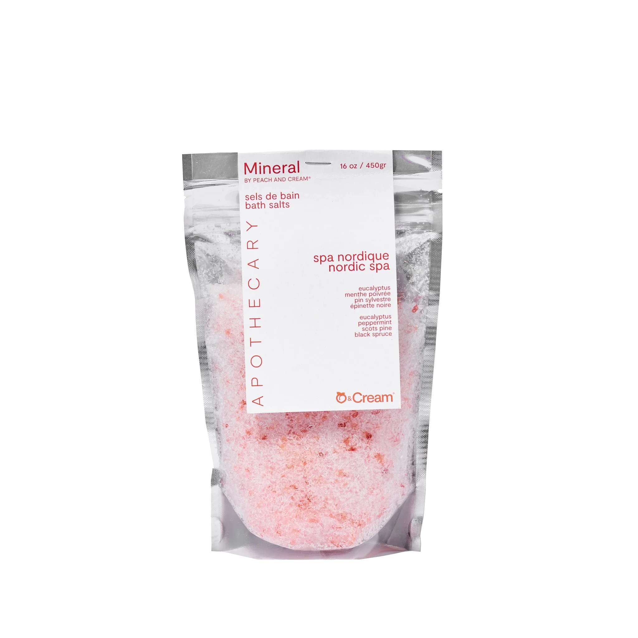 Mineral bath salts from Peach and Cream® in a clear glass jar, showcasing the textured pink and white bath salts.