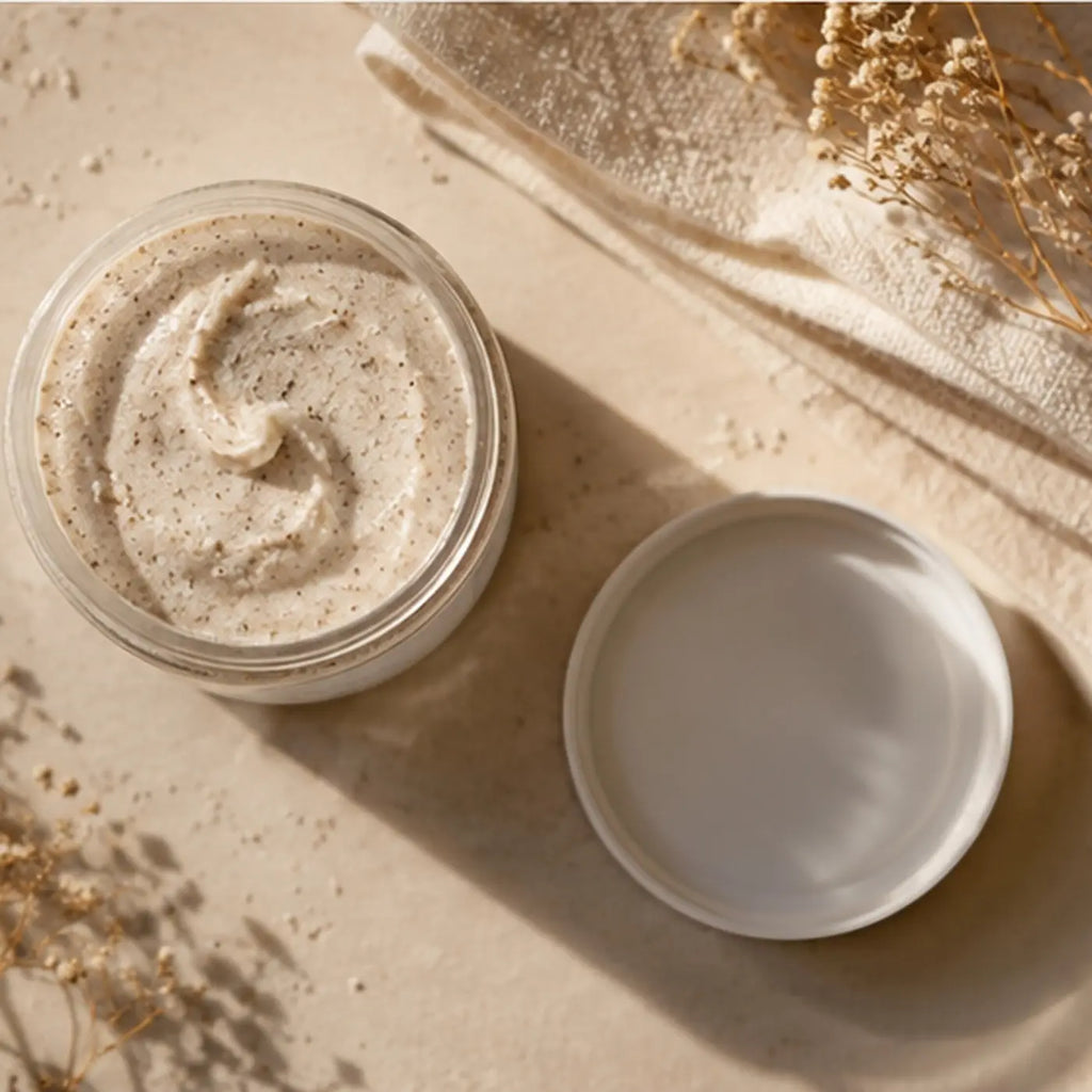 Pure Wash Polish It creamy face scrub in a clear glass jar, showing its smooth exfoliating texture and natural ingredients.