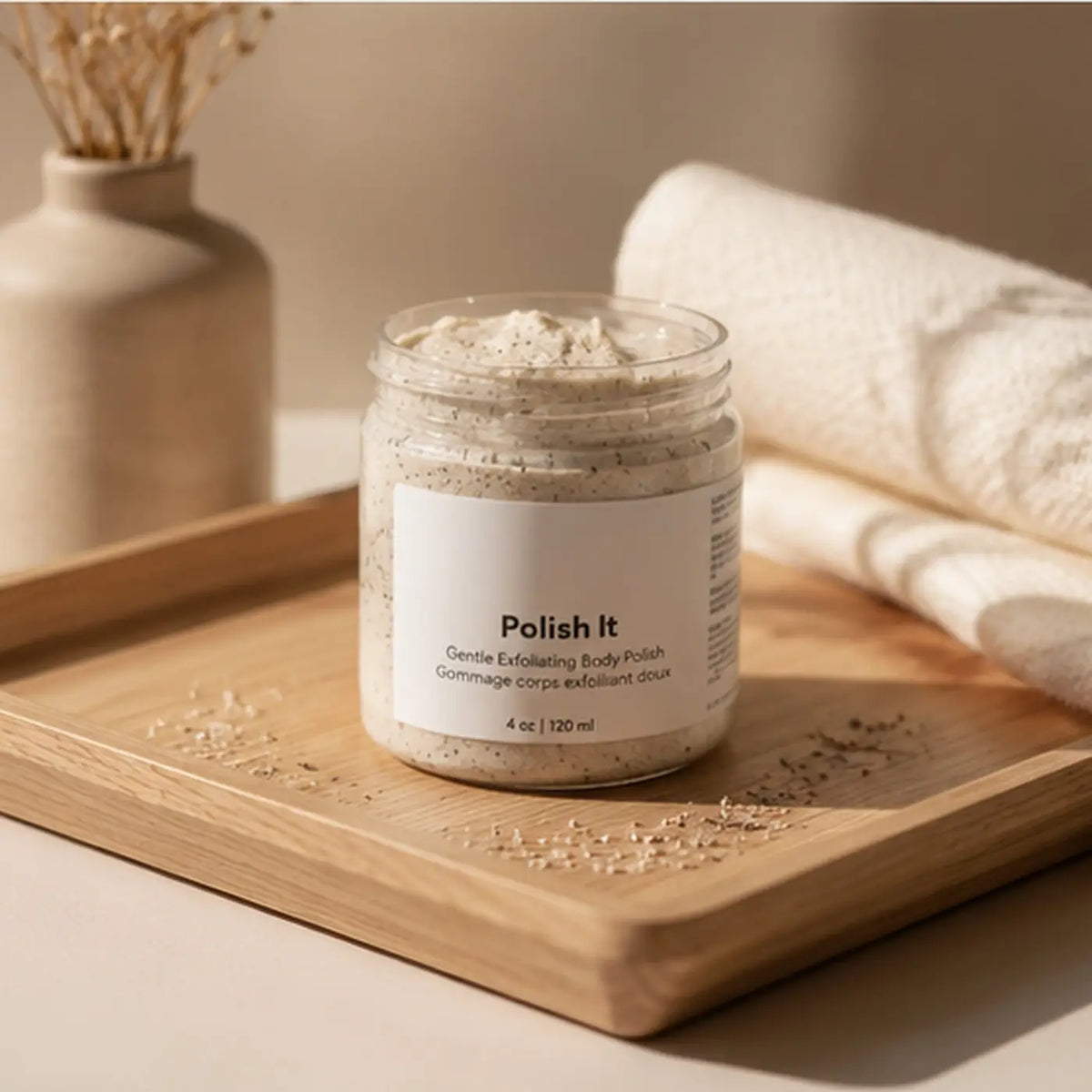 Pure Wash Polish It creamy face scrub in a clear glass jar with a light-colored exfoliating cream inside.