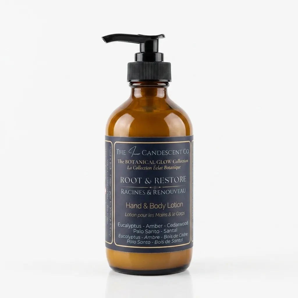 The InnerCandescent Co ROOT & RESTORE grounding botanical hand and body lotion, showing elegant bottle with botanical ingredients.