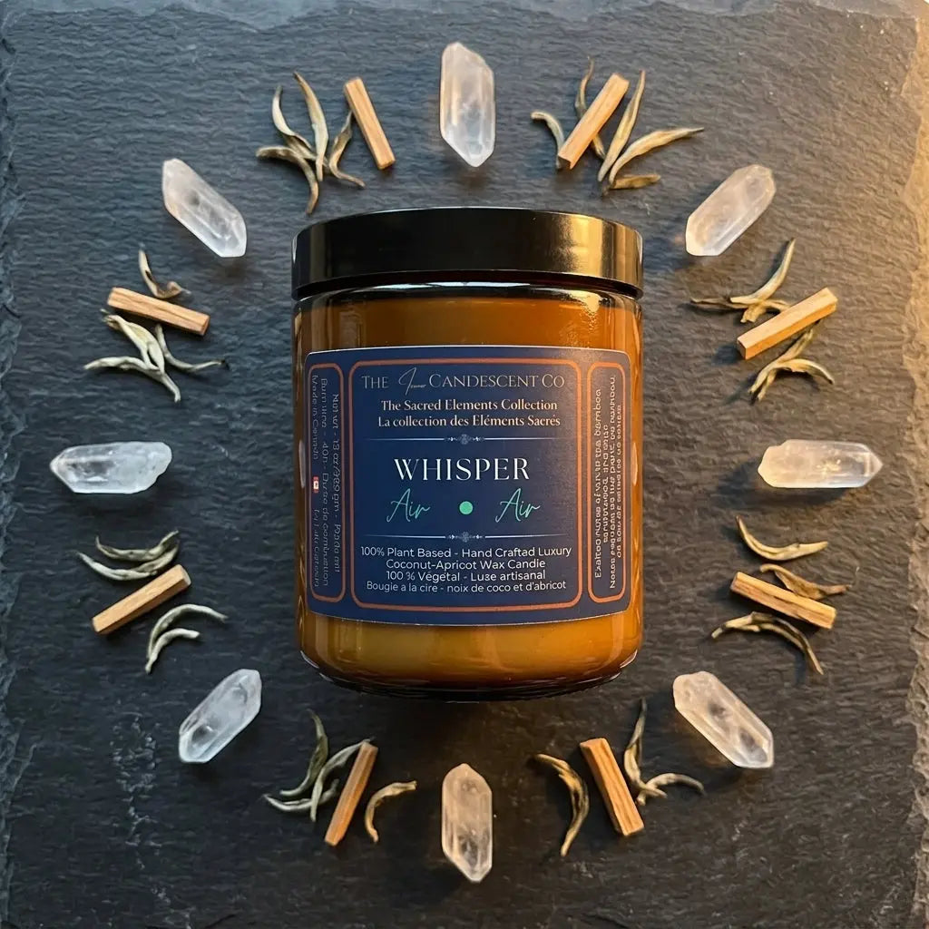 The InnerCandescent Co Whisper Air Element candle with fresh coconut and apricot wax, displayed with a minimalist aesthetic.