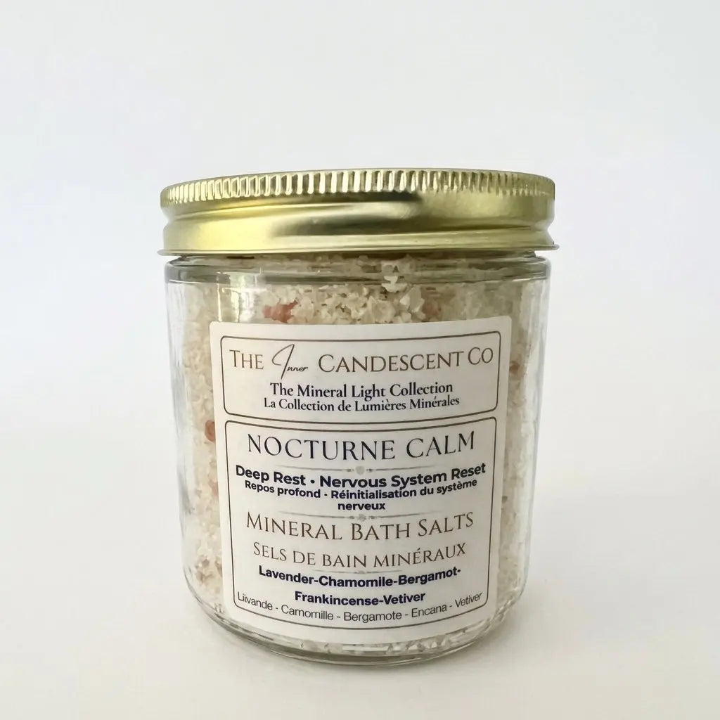 The InnerCandescent Co NOCTURNE CALM mineral bath salts in a jar, featuring relaxing magnesium and mineral-rich foot soak salts.