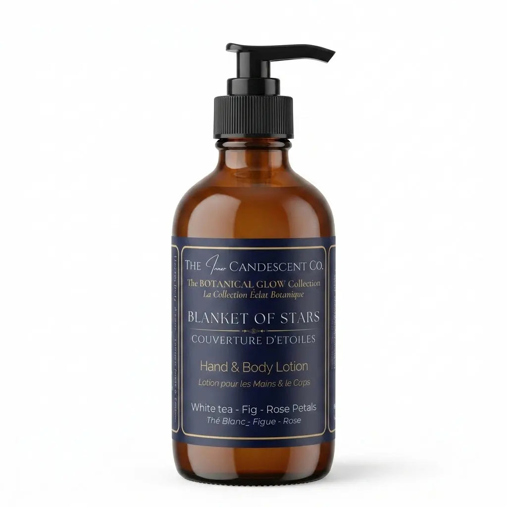 Luxury hand and body lotion from The InnerCandescent Co, featuring white tea, fig, and rose scent, with elegant packaging details.