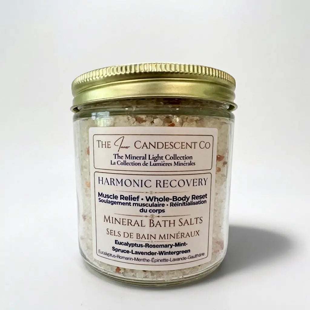 Mineral soak bath salts by The InnerCandescent Co for muscle recovery, shown in a white bowl with magnesium-rich salts and herbs