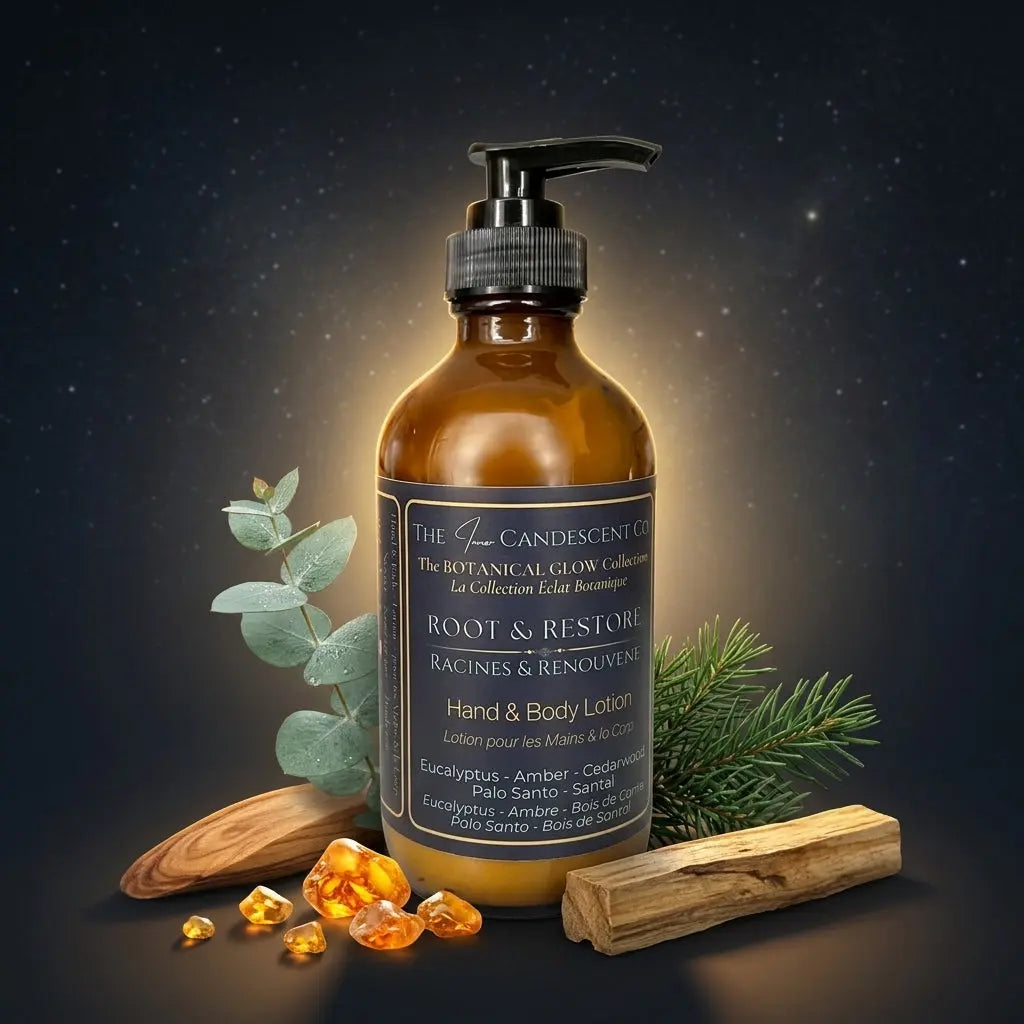 Botanical luxury hand and body lotion from The InnerCandescent Co, featuring natural ingredients and elegant packaging.
