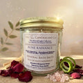 Rose Radiance floral magnesium mineral bath salts by The InnerCandescent Co, shown in a relaxing foot soak with rose petals.