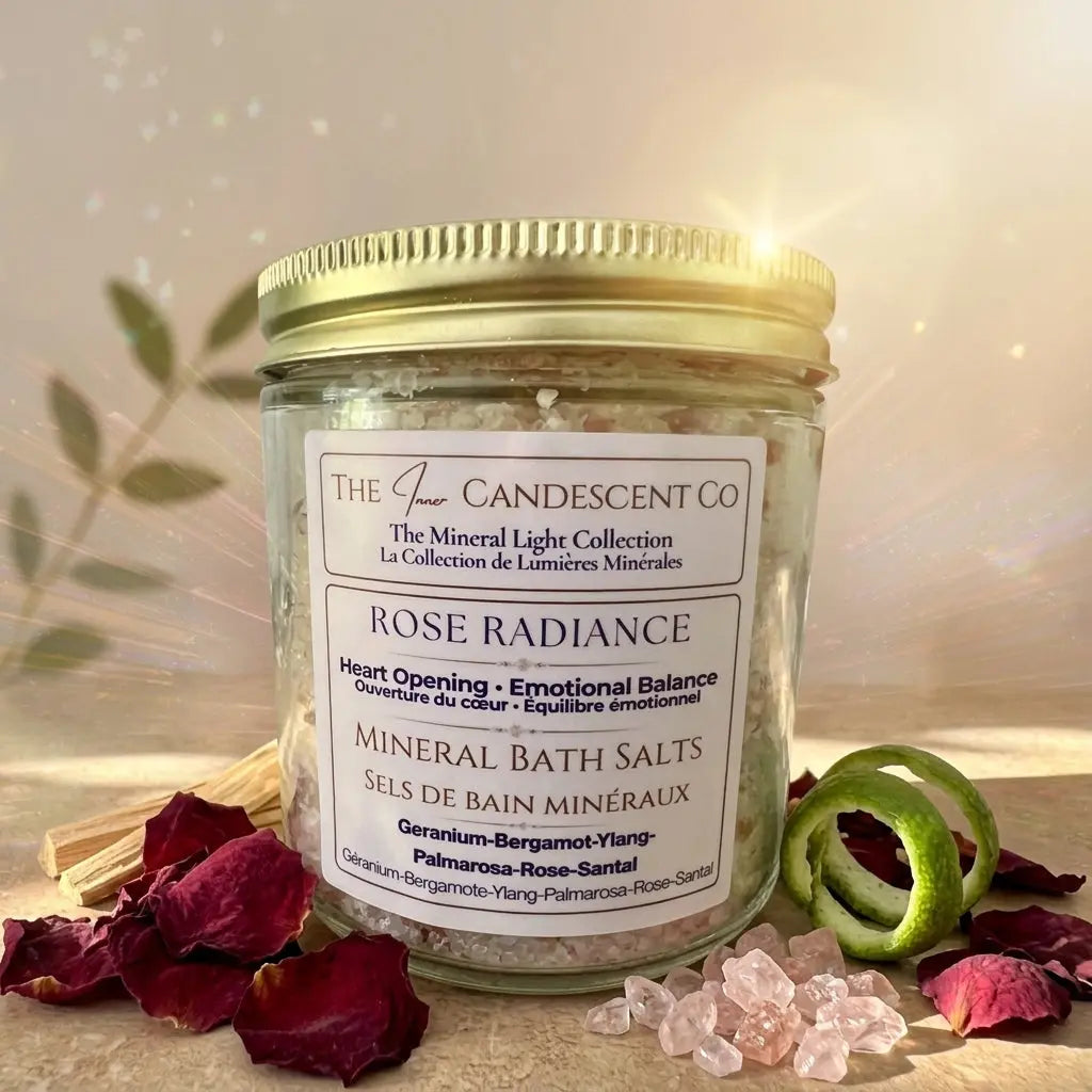 Rose Radiance floral magnesium mineral bath salts by The InnerCandescent Co, shown in a relaxing foot soak with rose petals.