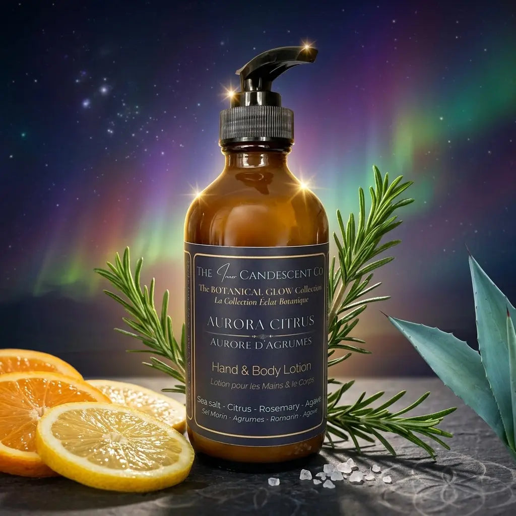 The InnerCandescent Co Aurora Citrus hand and body lotion bottle with bright citrus scent on a neutral background.