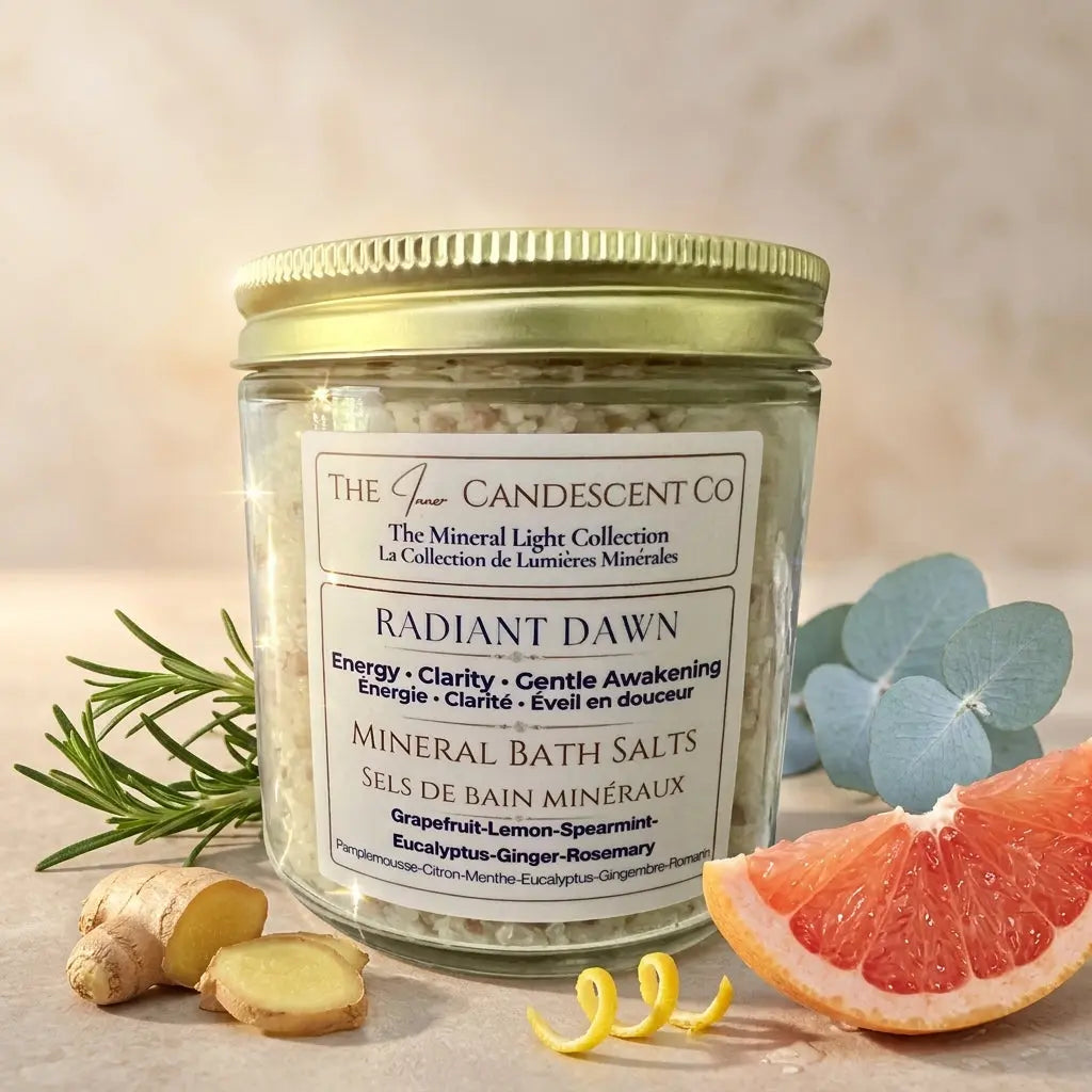 Mineral soak bath salts by The InnerCandescent Co with magnesium and minerals, shown in a clear glass jar for foot soaks.