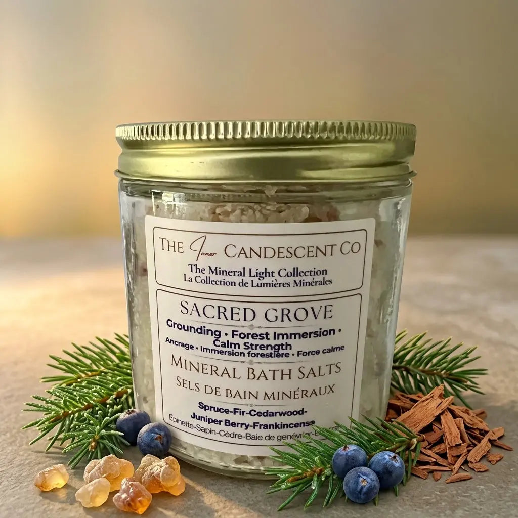 Mineral soak bath salts from Sacred Grove by The InnerCandescent Co, featuring magnesium and mineral-rich ingredients for relaxing foot soaks.