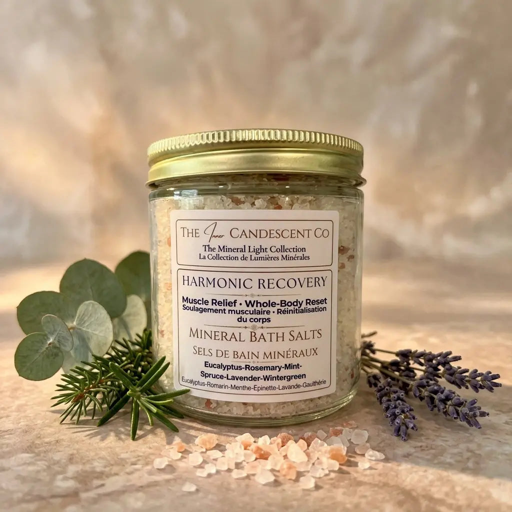 Mineral soak bath salts from The InnerCandescent Co with magnesium and minerals for muscle recovery and foot soaks.
