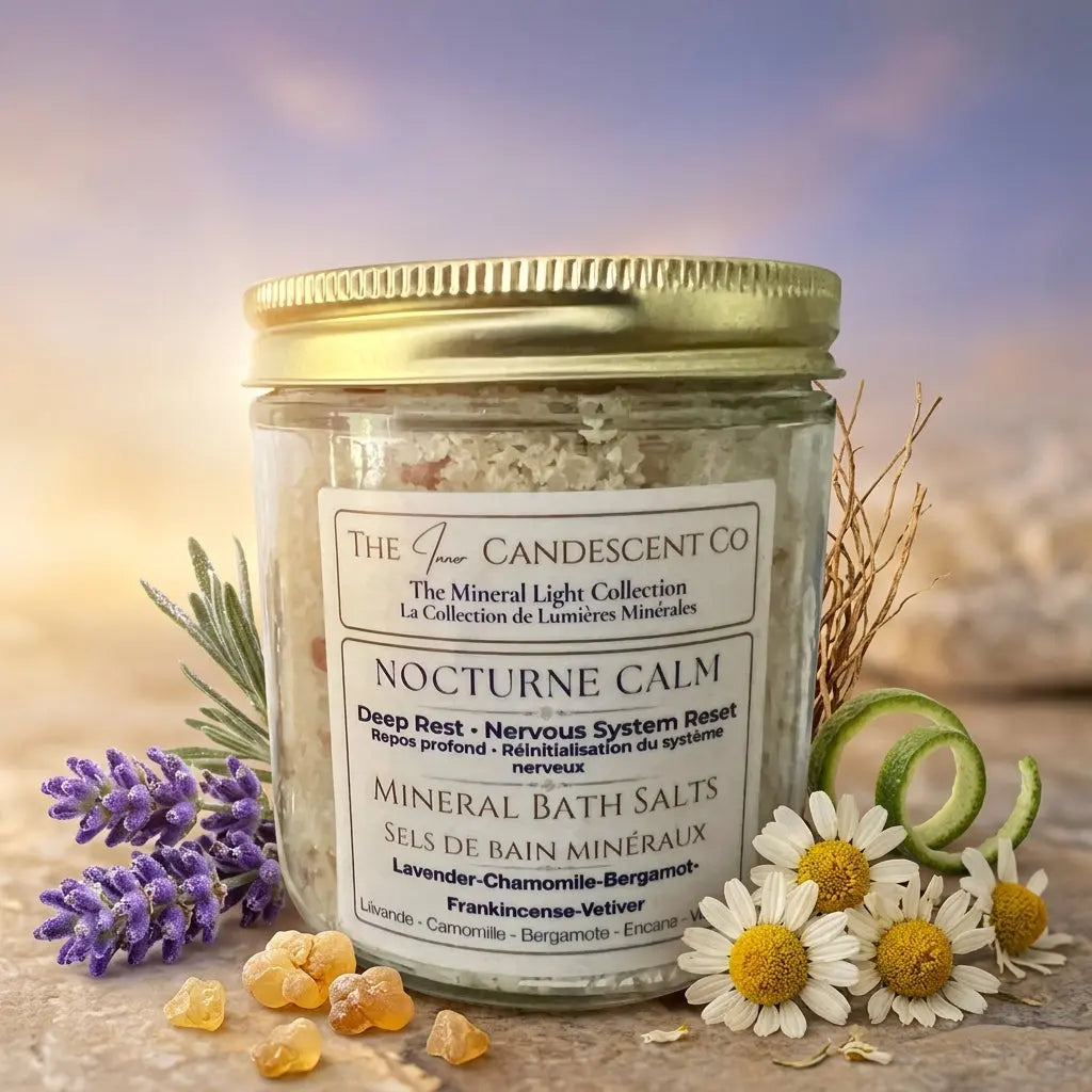 The InnerCandescent Co NOCTURNE CALM mineral soak bath salts with magnesium and minerals, shown in a clear jar with foot soak scene.