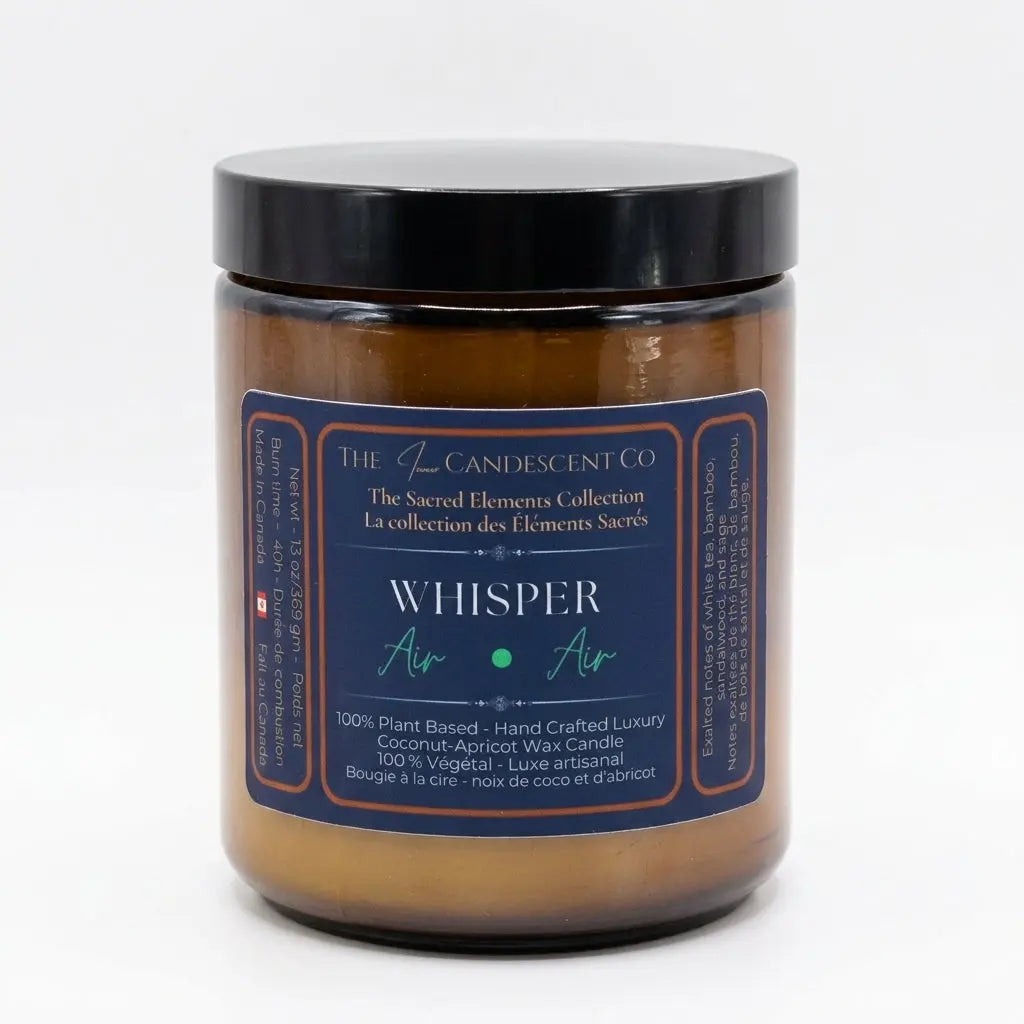 The InnerCandescent Co Whisper Air Element candle with fresh coconut and apricot wax, shown in a sleek, minimalist container.