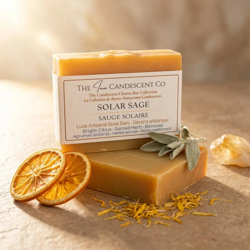 Handmade Solar Sage citrus herbal soap bar by The InnerCandescent Co, showing a natural, textured soap with citrus and herbal ingredients.