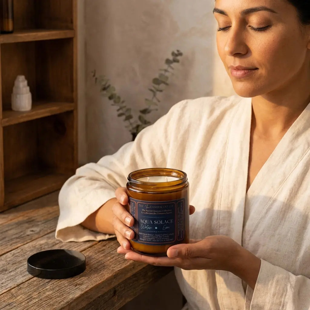A luxurious Aqua Solace water element candle by The InnerCandescent Co with fresh aquatic scent, coconut and apricot wax.