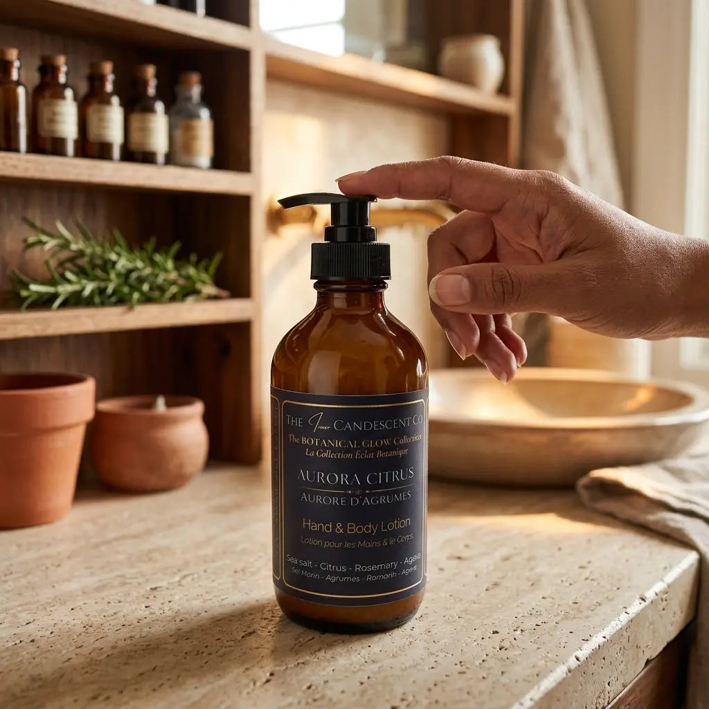 Bright citrus hand and body lotion from The InnerCandescent Co with a sleek bottle and vibrant citrus fruit accents.