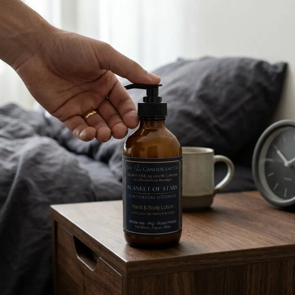 White tea, fig, and rose hand and body lotion from The InnerCandescent Co, shown in a luxurious bottle with elegant packaging.