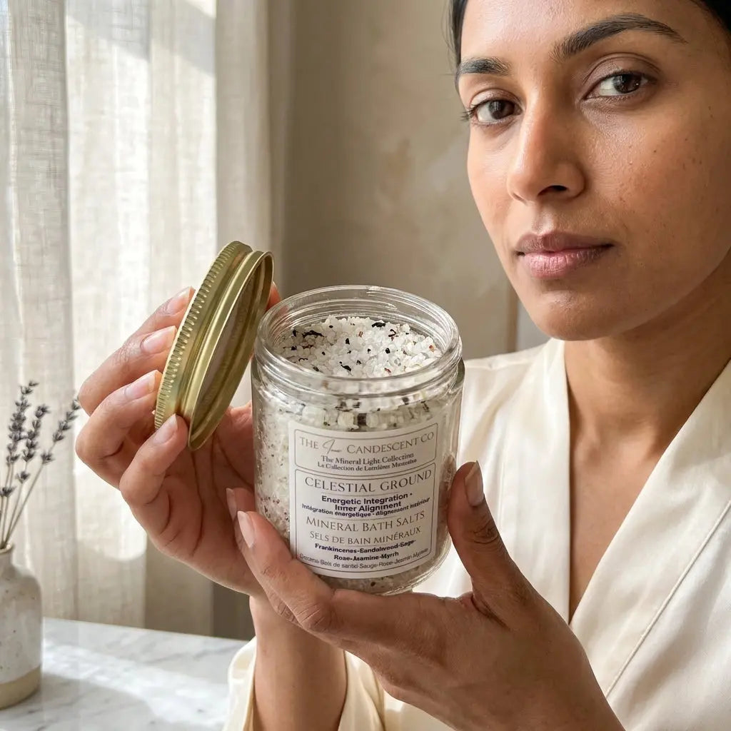 The InnerCandescent Co Celestial Ground mineral bath salts with magnesium and minerals for relaxing foot soaks in a bowl.
