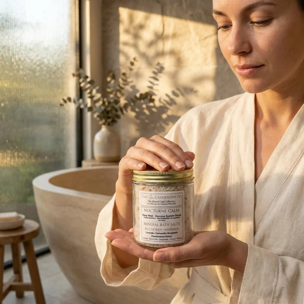 The InnerCandescent Co NOCTURNE CALM mineral bath salts with magnesium and minerals, displayed in a jar for relaxing foot soaks.