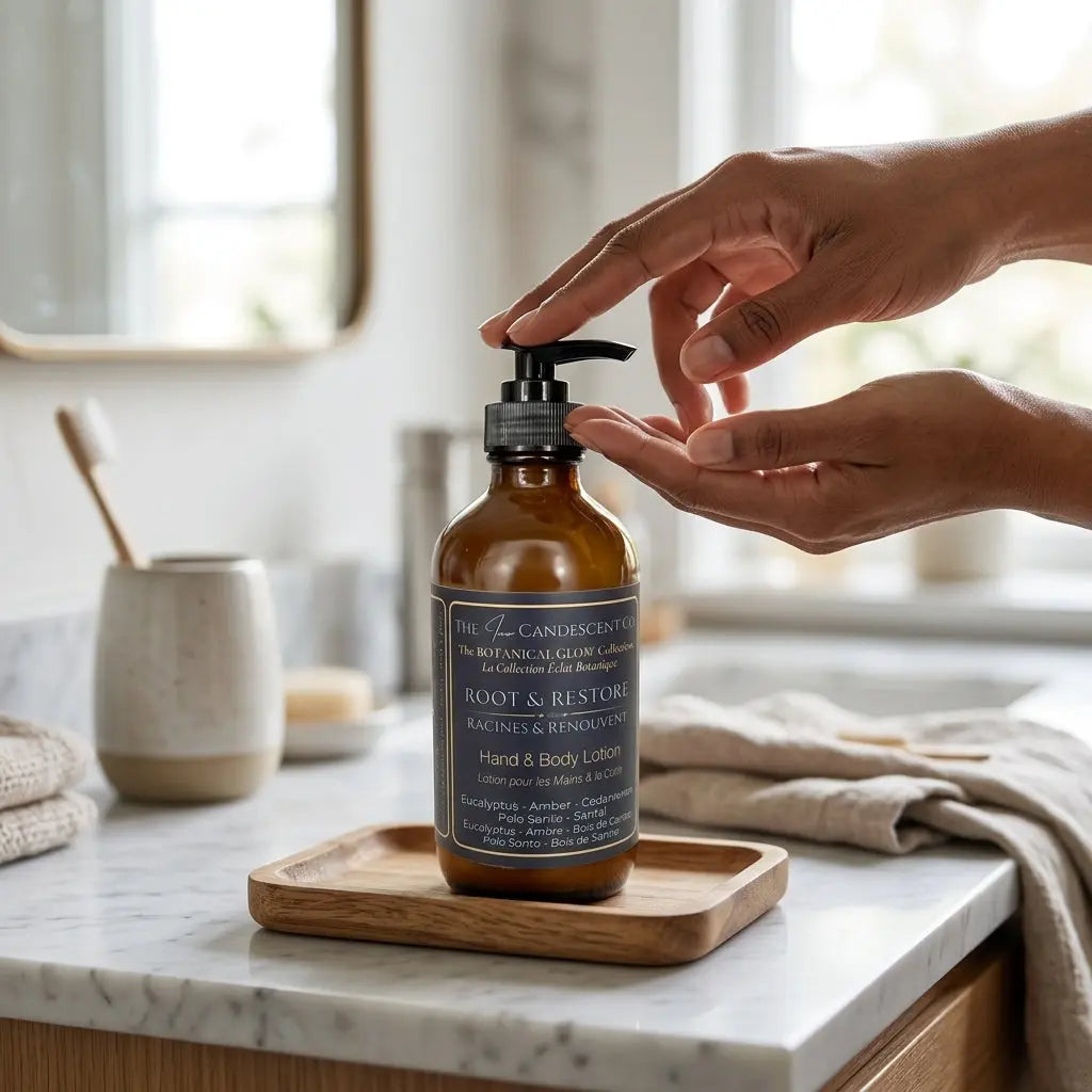 Luxurious grounding hand and body lotion by The InnerCandescent Co with botanical ingredients, shown in a natural skincare setting.