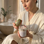 Rose Radiance floral magnesium mineral bath salts from The InnerCandescent Co for relaxing foot soaks, shown in a natural salts presentation.