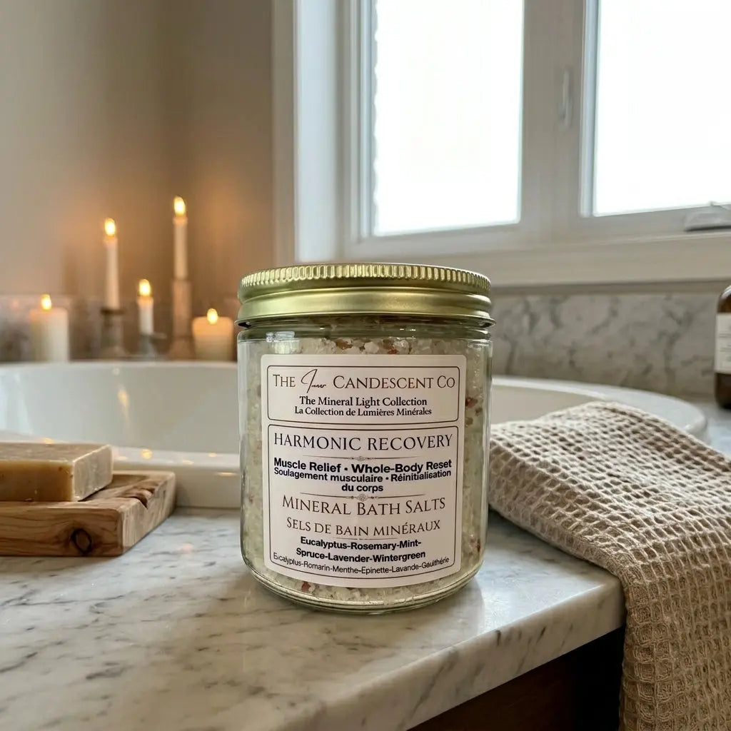 Mineral soak bath salts by The InnerCandescent Co featuring magnesium and minerals for muscle recovery and foot soaks.