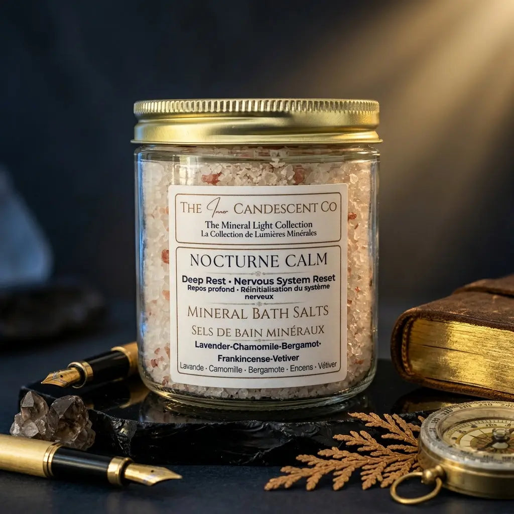 The InnerCandescent Co Nocturne Calm mineral soak bath salts with magnesium and minerals, shown in a clear jar with relaxing foot soak scene.