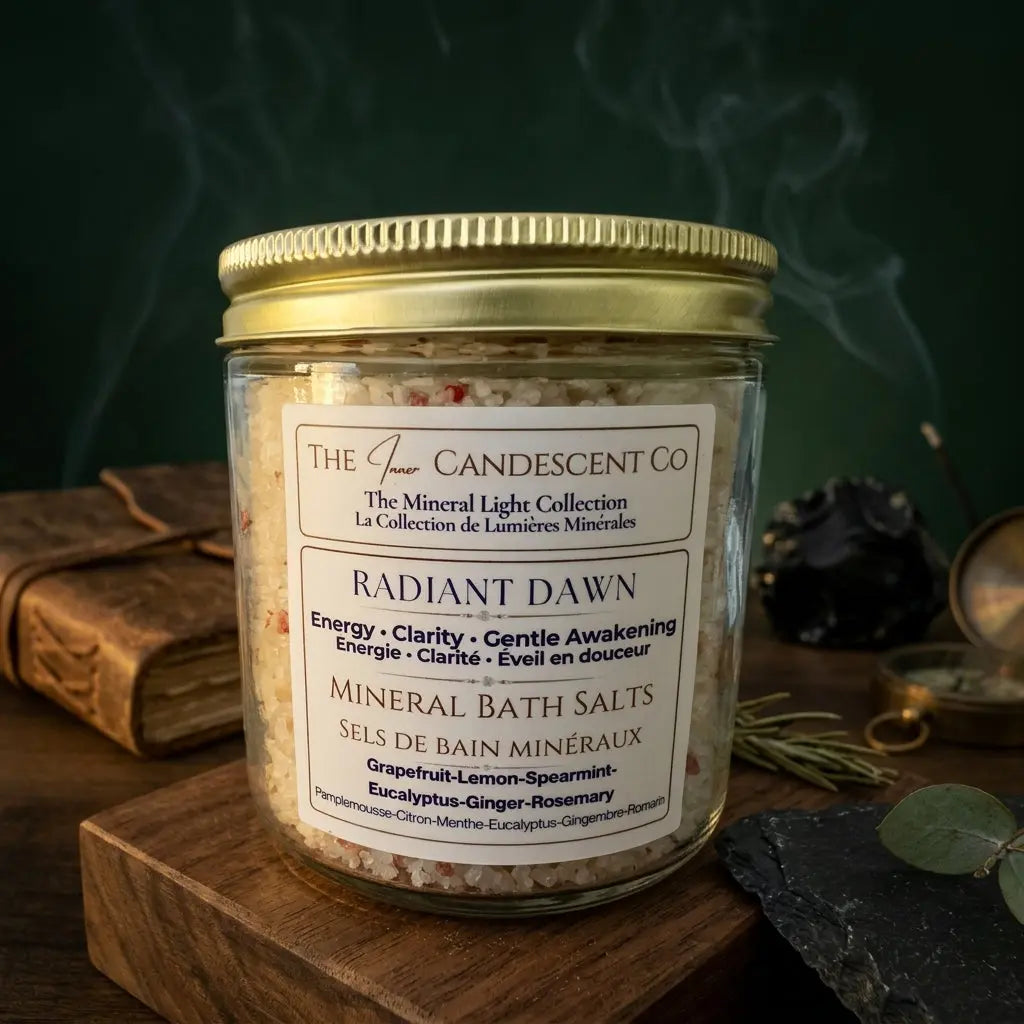 Mineral soak bath salts by The InnerCandescent Co with magnesium and minerals, in a jar with a scoop for foot soaks and relaxing baths.