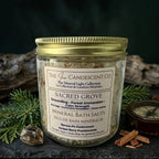 The InnerCandescent Co Sacred Grove grounding mineral bath salts with magnesium and minerals, shown in a glass jar with a wooden scoop.