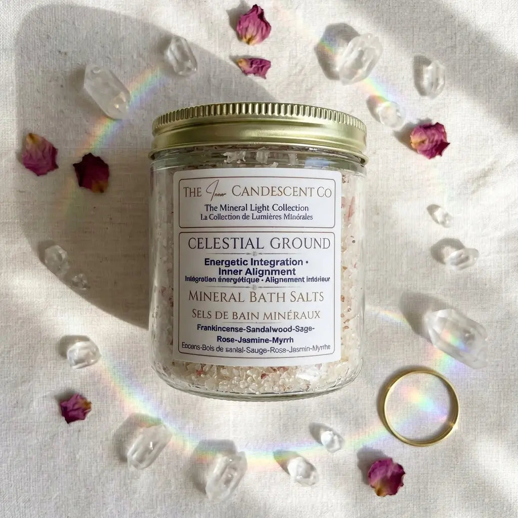 The InnerCandescent Co Celestial Ground mineral bath salts with magnesium and minerals, displayed in a clear jar with a natural setting.