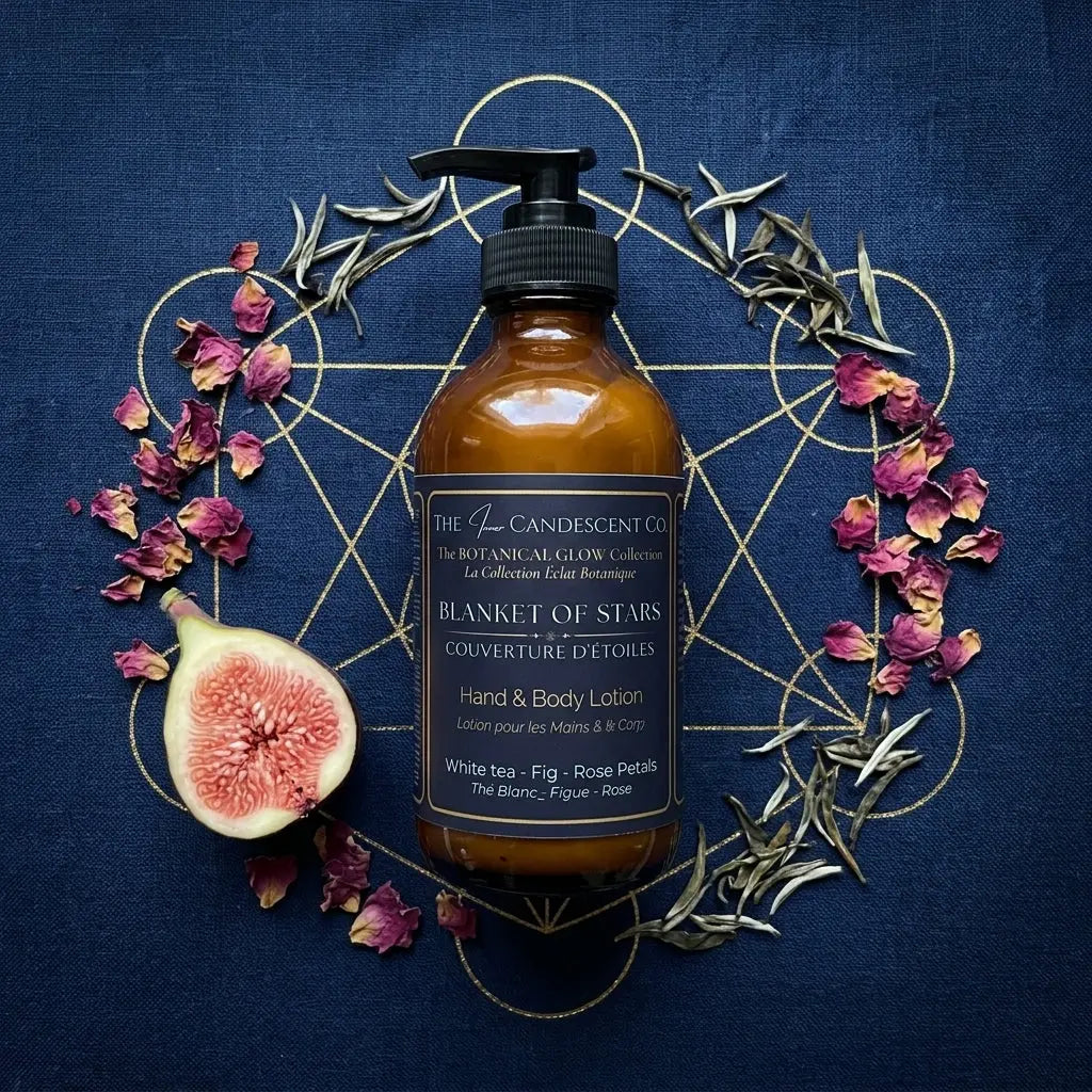Luxury hand and body lotion from The InnerCandescent Co, White Tea, Fig & Rose scent, featuring elegant packaging with a soft, white background.