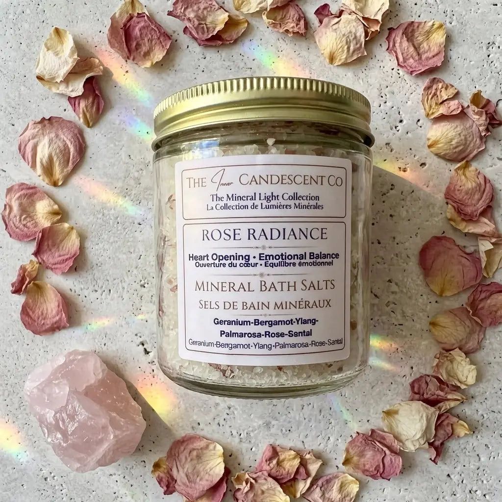 Rose Radiance floral magnesium and mineral-rich bath salts by The InnerCandescent Co, shown in a soothing foot soak setup.