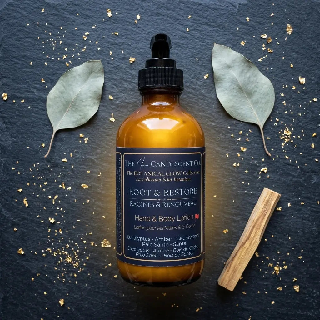 The InnerCandescent Co ROOT & RESTORE grounding botanical hand and body lotion bottle with botanical ingredients and elegant packaging.