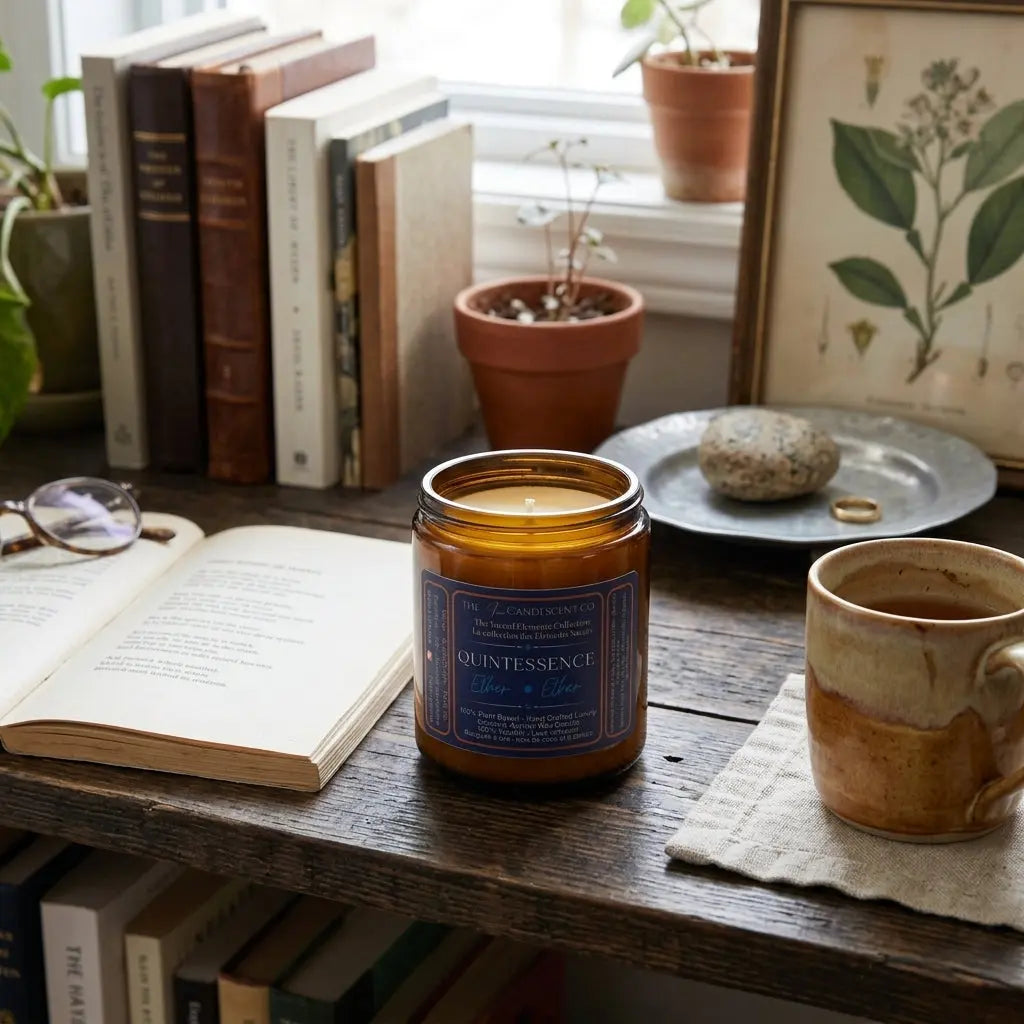 Luminous coconut and apricot wax candle from The InnerCandescent Co's QUINTESSENCE — ETHER ELEMENT collection, shown burning in a sleek holder.