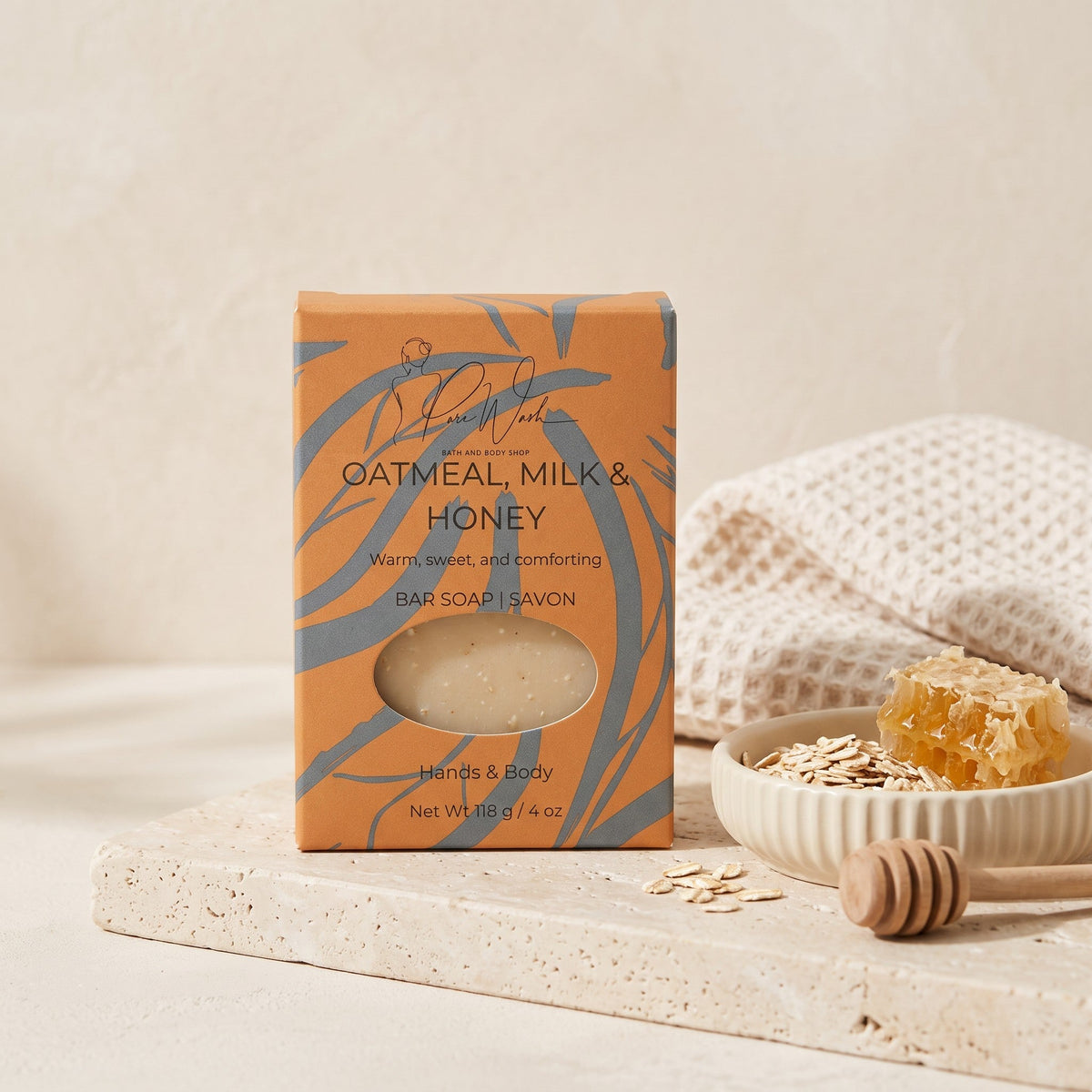 Pure Wash oatmeal milk honey soap bar with a smooth, creamy surface and natural ingredients visible in the image.