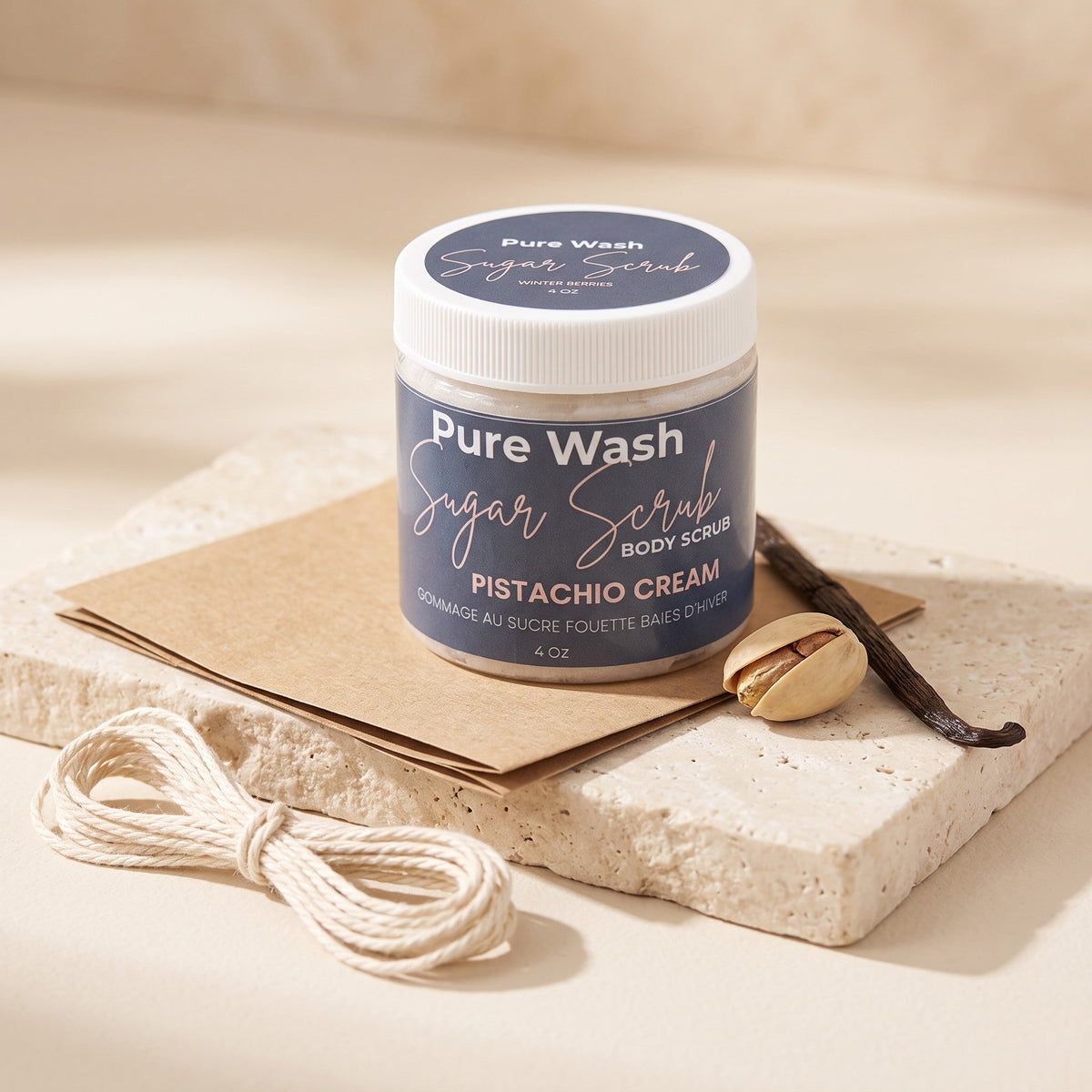 Pure Wash pistachio cream body sugar scrub with textured sugar granules and a creamy, pistachio-colored appearance.
