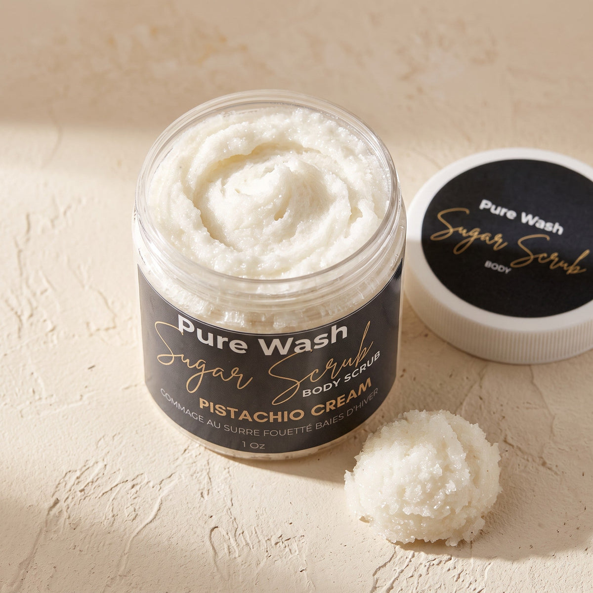 Pure Wash pistachio cream body sugar scrub showing a jar with creamy scrub and pistachio pieces for smooth skin.