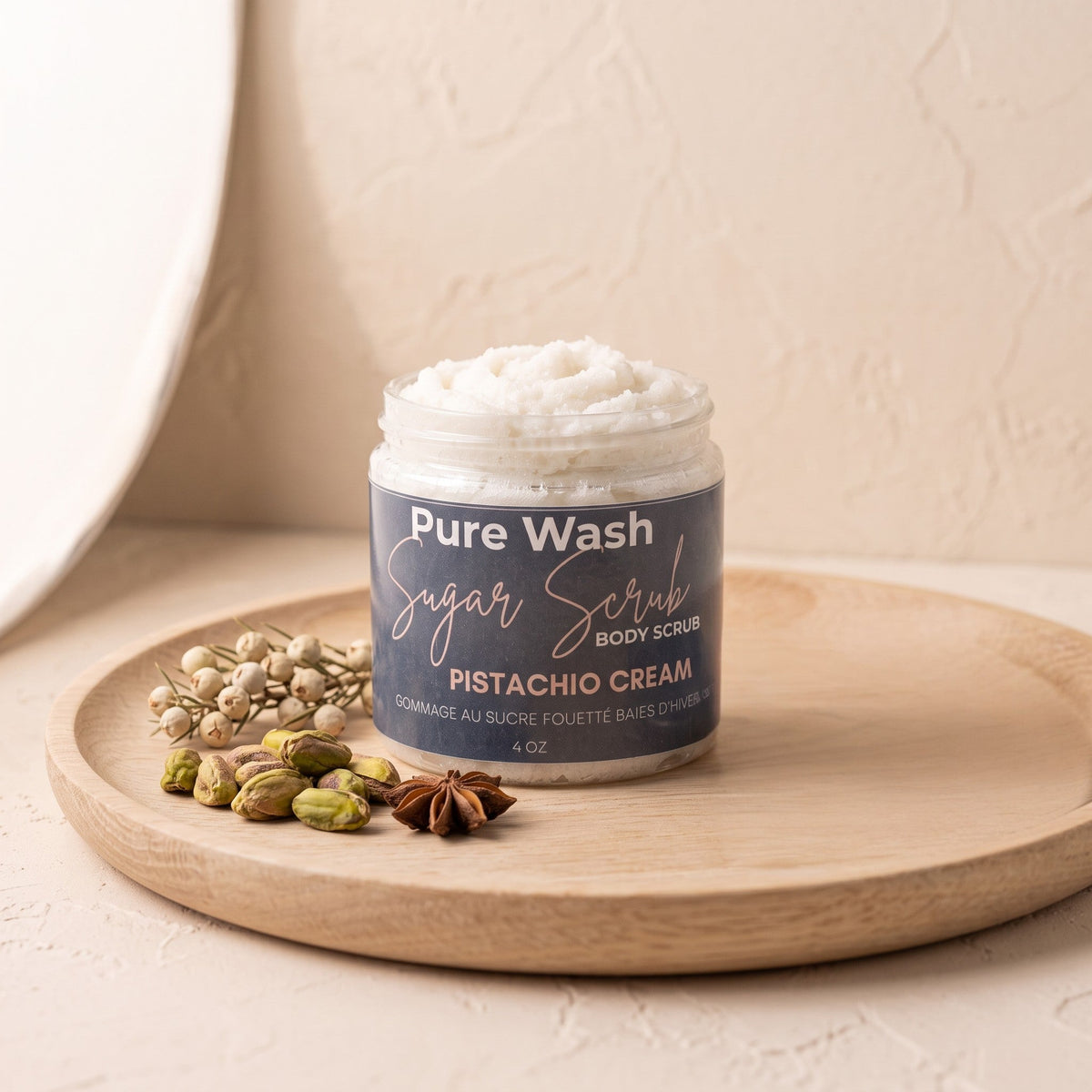 Pure Wash pistachio cream body sugar scrub in a jar with textured sugar and creamy exfoliant visible.