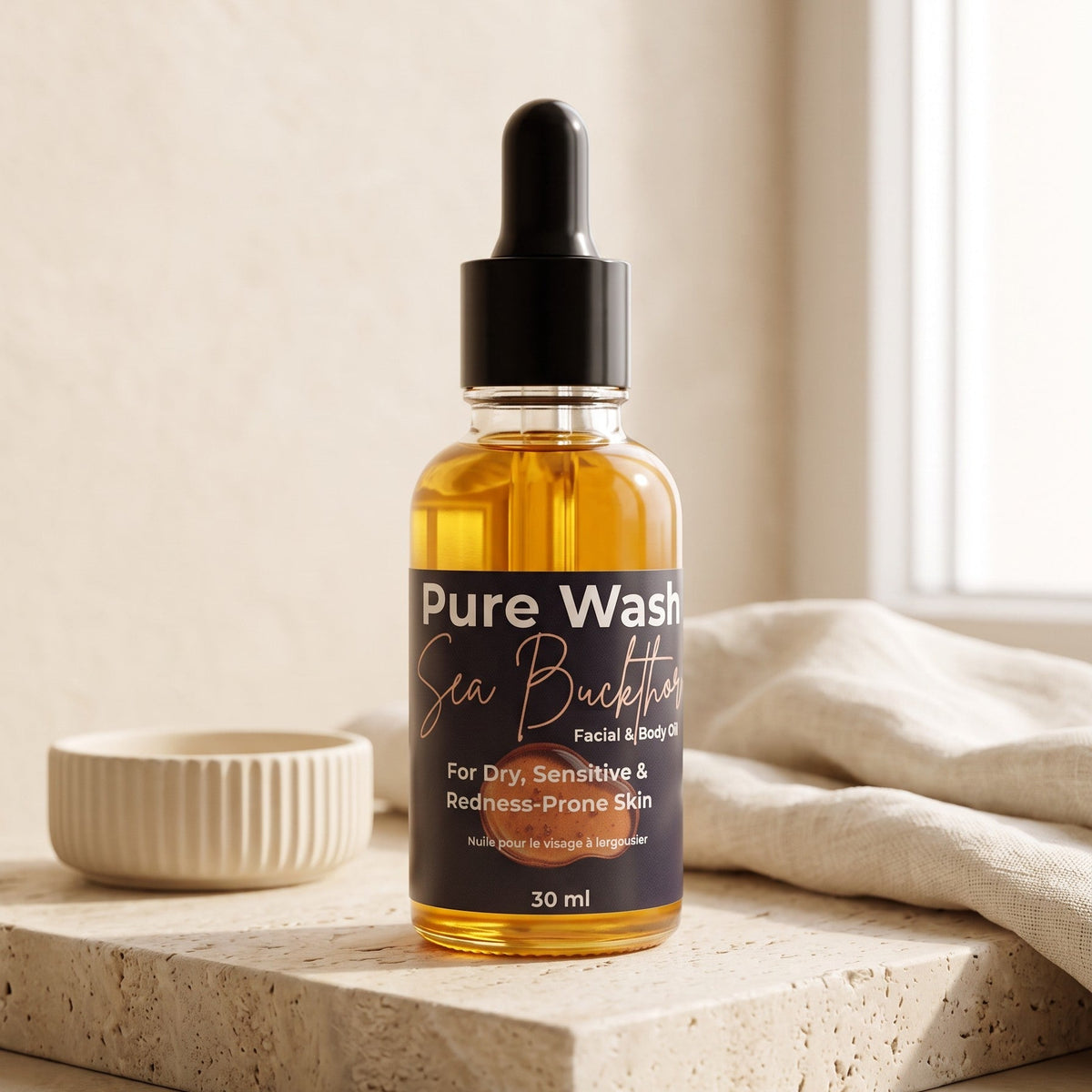 Pure Wash Sea Buckthorn Facial Oil in a glass dropper bottle showing golden oil and fresh sea buckthorn berries, natural skincare product.